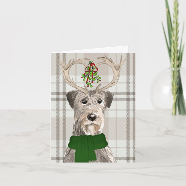 Christmas Irish Wolfhound and Taupe Plaid Holiday Card (Front)