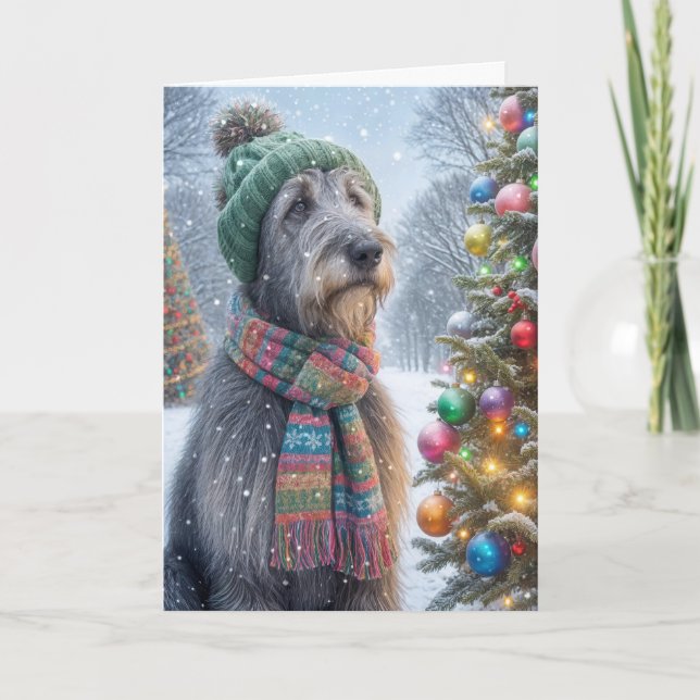 Christmas Irish Wolfhound With Tree Holiday Card (Front)
