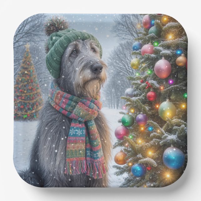 Christmas Irish Wolfhound With Tree Paper Plate (Front)