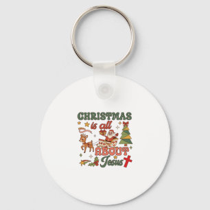 Christmas Is All About Jesus Santa Sleigh Reindeer Keychain