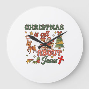 Christmas Is All About Jesus Santa Sleigh Reindeer Large Clock