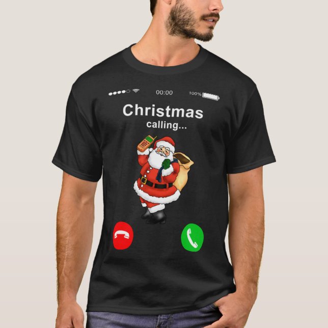 Christmas is Calling Santa Claus Mobile Phone Call T-Shirt (Front)