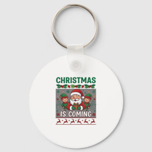 Christmas Is Coming Santa Claus Elves Reindeer Keychain