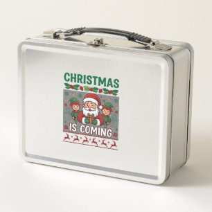 Christmas Is Coming Santa Claus Elves Reindeer Metal Lunch Box