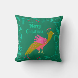 Christmas is For the Birds Folk Art Throw Pillow