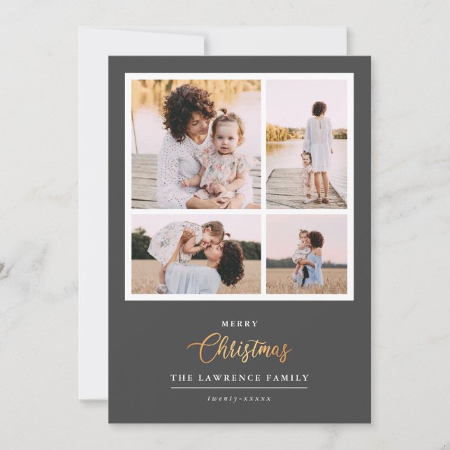 Christmas is Gold | Grey Modern 4 photo COLLAGE Holiday Card (Front)