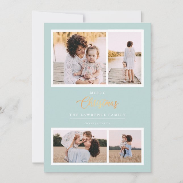 Christmas is Gold | Mint Elegant 4 photo holidays Holiday Card (Front)