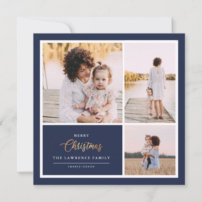 Christmas is Gold | Navy Modern 3 photo collage Holiday Card (Front)