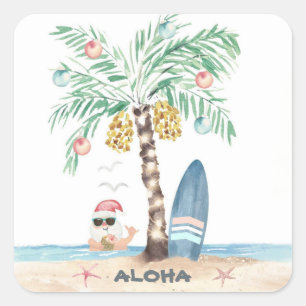 Christmas Island Palm Surf Santa Tropical Beach  Square Sticker