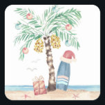 Christmas Island Palm Surf Santa Tropical Beach  Square Sticker<br><div class="desc">Surf theme Christmas sticker (or envelope seals) feature a palm tree (decorated with ornaments and string lights) on a tropical island with a surfboard,  holiday present,  starfish and sea birds. Art by KL Stock</div>