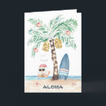 Christmas Island Surf Santa Palm Tree Beach Holiday Card<br><div class="desc">Surf theme Christmas card features a palm tree (decorated with ornaments and string lights) on a tropical island with a surfboard, starfish, sea birds and Santa swimming in the ocean giving the Aloha sign while enjoying a tropical beverage. Both lines of text inside can be personalized. Art by KL Stock...</div>