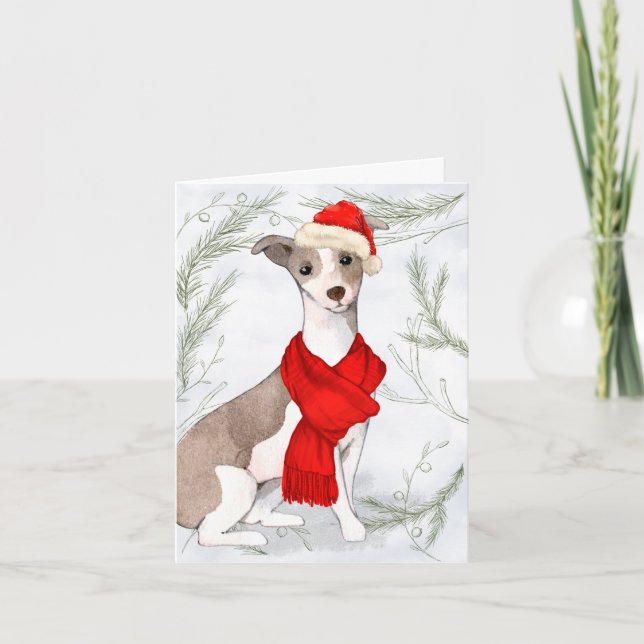 Christmas Italian Greyhound and Botanical Pines Holiday Card (Front)
