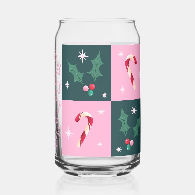 Christmas Ivy, Candy Cane with Stars Chequerboard Can Glass (Front)