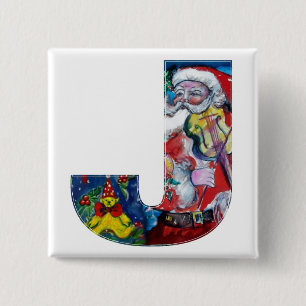 CHRISTMAS J LETTER / SANTA  WITH VIOLIN MONOGRAM 2 INCH SQUARE BUTTON