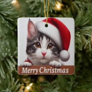 Christmas Japanese Bobtail Cat, Xmas Santa Kitten Ceramic Ornament