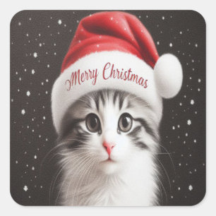 Christmas Japanese Bobtail Cat, Xmas Santa Kitten Square Sticker