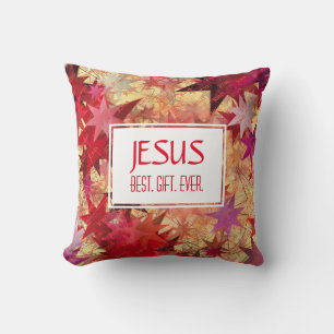 Christmas JESUS BEST GIFT EVER Red Pink Stars Throw Pillow