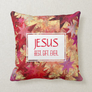 Christmas JESUS BEST GIFT EVER Red Pink Stars Throw Pillow