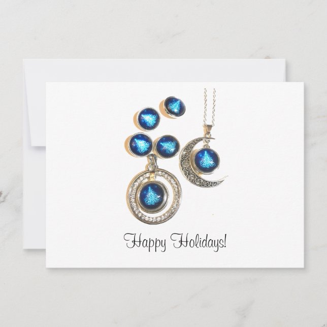 Christmas jewellery Tree blue black bright Moon  Holiday Card (Front)