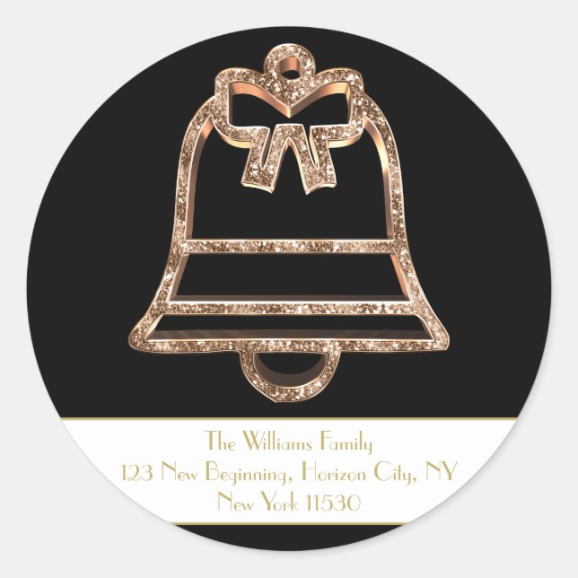 Christmas Jingle Bell Black and White Gold Script Classic Round Sticker (Front)
