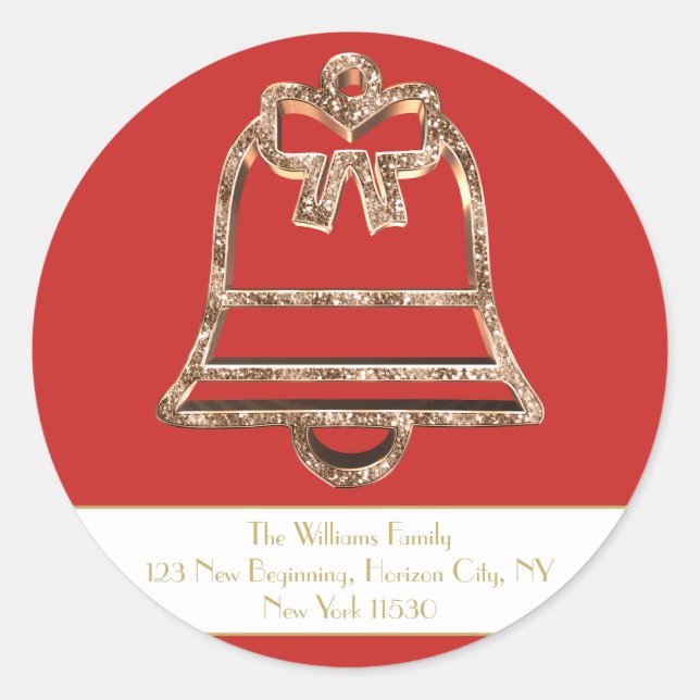 Christmas Jingle Bell Red and White Gold Script Classic Round Sticker (Front)