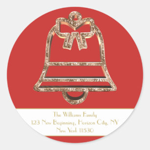 Christmas Jingle Bell Red and White Gold Script Classic Round Sticker