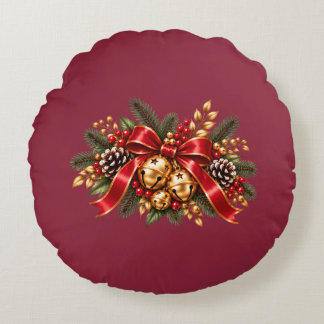 Christmas Jingle Bells Red Bow Festive Round Pillow