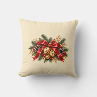 Christmas Jingle Bells Red Bow Festive Throw Pillow