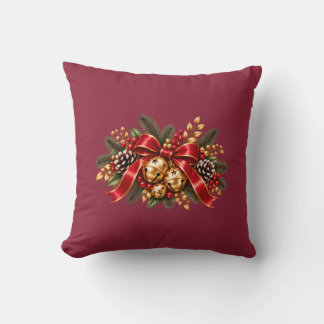 Christmas Jingle Bells Red Bow Festive Throw Pillow