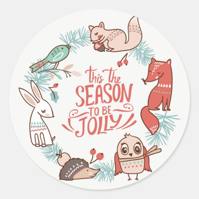 Christmas Jolly Forest Animals Round Sticker (Front)