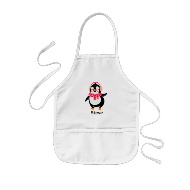 Christmas Jolly Penguin in Scarf with Ear Muffs Kids Apron (Front)