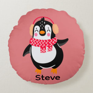 Christmas Jolly Penguin in Scarf with Ear Muffs Round Pillow