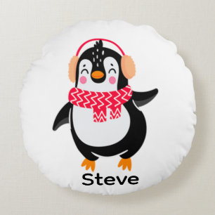 Christmas Jolly Penguin in Scarf with Ear Muffs Round Pillow