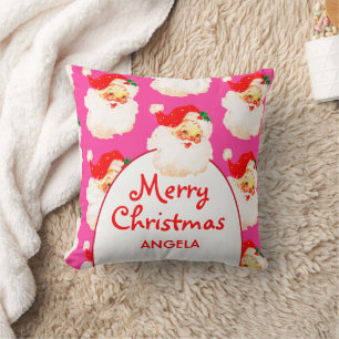 Christmas Jolly Santa Claus Pink Merry Greeting Throw Pillow