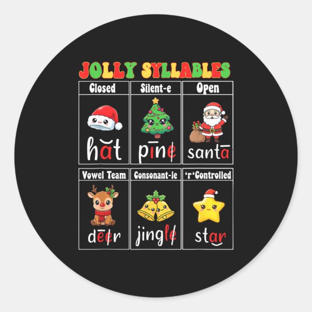 Christmas Jolly Syllables Teacher Students Funny S Classic Round Sticker (Front)