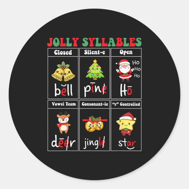 Christmas Jolly Syllables Teacher Students Funny S Classic Round Sticker (Front)