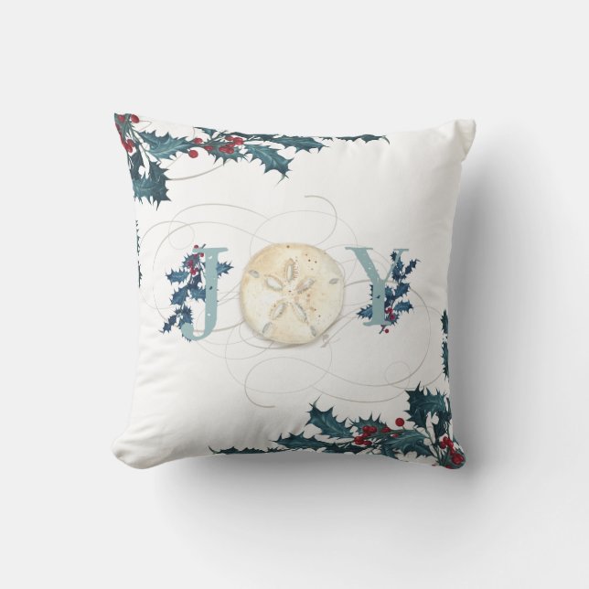 Christmas Joy Beach Coastal Sand Dollar Blue Holly Throw Pillow (Front)
