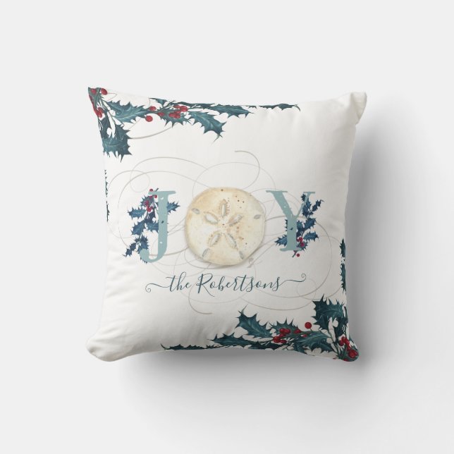 Christmas Joy Beach Coastal Sand Dollar Holly Name Throw Pillow (Front)