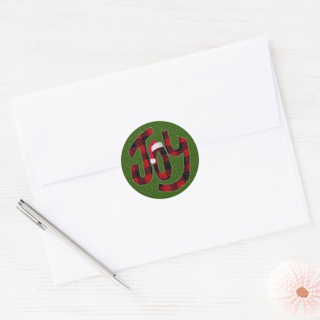Christmas Joy Buffalo Plaid  Classic Round Sticker (Envelope)