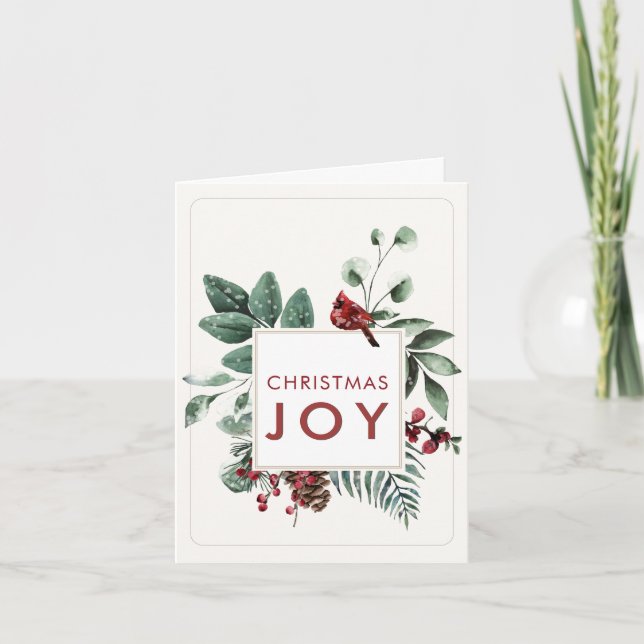 Christmas Joy Cardinal with little bird on back Note Card (Front)