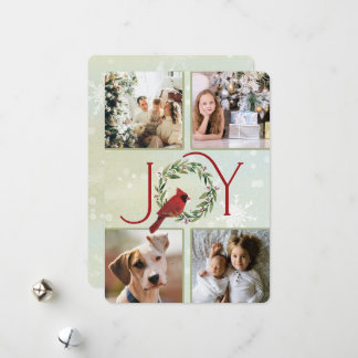 Christmas JOY Custom 4 Photos Cardinal in Wreath Holiday Card