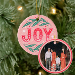 Christmas Joy Custom Photo  Ceramic Ornament<br><div class="desc">Add your favourite photo of your loved ones on the side with example family photo of this Christmas ornament. Edit the text too to change the date to the current year. Artwork on the other side of the ornament was drawn with lots of love by me in Procreate Picture of...</div>