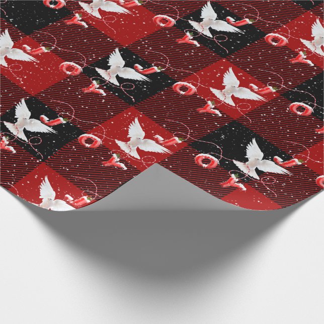 Christmas Joy Dove and Snowflakes On Plaid Wrapping Paper (Corner)