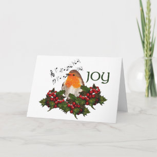 Christmas JOY: English Robin: Holly, Berries Holiday Card