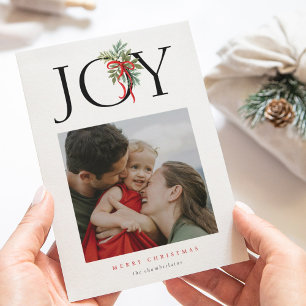 Christmas Joy Greenery Swag Red Bow Holiday Photo Card