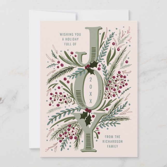 Christmas Joy Hand Drawn Foliage on Dusty Pink Holiday Card (Front)