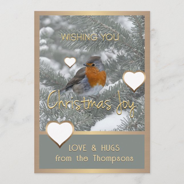 Christmas Joy Heart Songbird Snowy Evergreen Tree Holiday Card (Front)