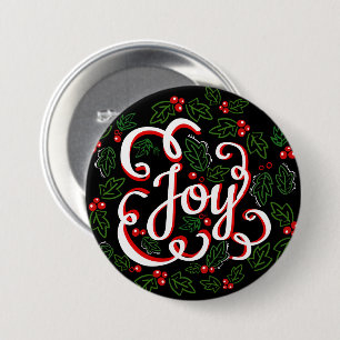 Christmas Joy Holly Berries & Leaves 3 Inch Round Button