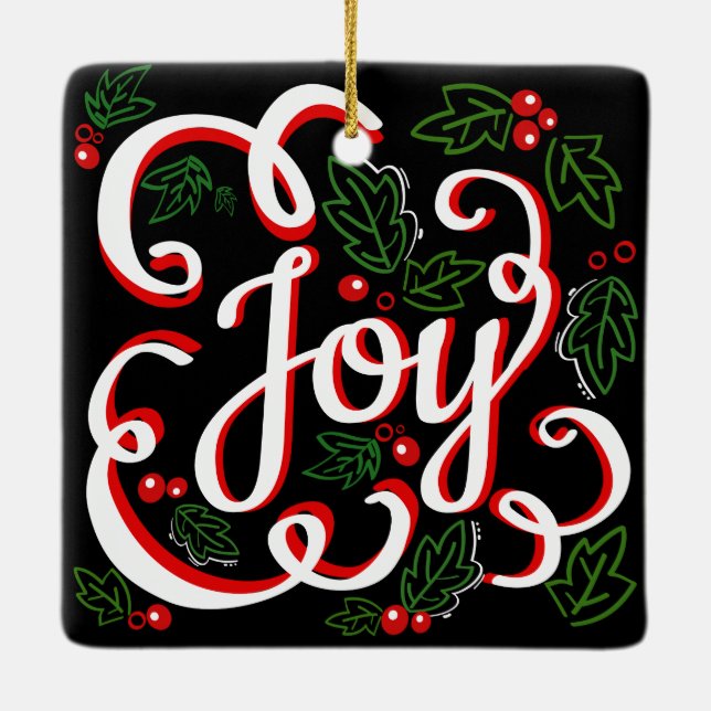 Christmas Joy Holly Berries & Leaves Family Photo Ceramic Ornament (Back)