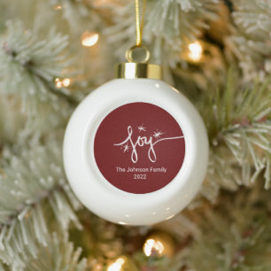 Christmas Joy Lettering Hand Drawn Pink Snowflakes Ceramic Ball Christmas Ornament